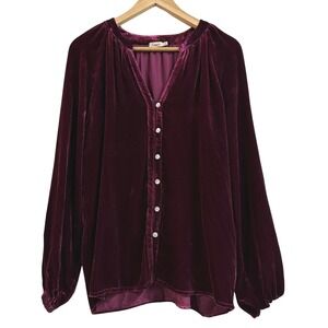 Faherty Naomi Burgundy Velvet Split V-Neck Peasant Top Blouse Flowy Women Medium